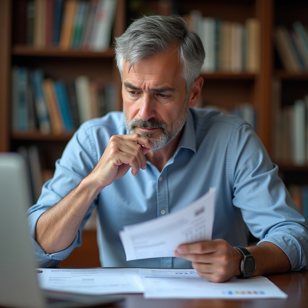 Dueño de PyME revisando documentos financieros